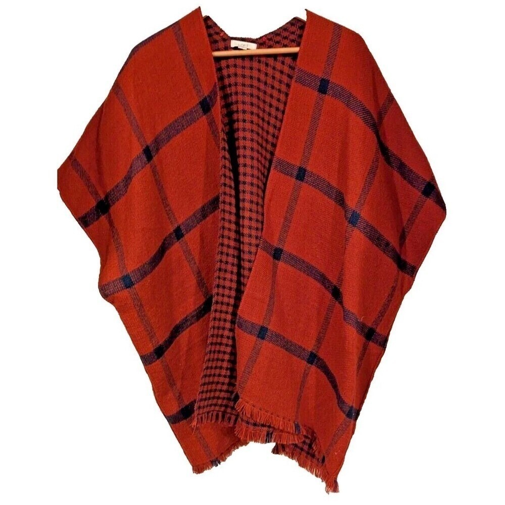 Loft Reversible Poncho‎ M/L Burnt Orange Plaid Houndstooth Frayed Hem Wrap